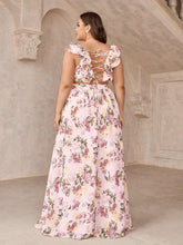 Plus Size Romantic Ruffle Edge & Floral Printed Bridesmaid Dress With Embellishment